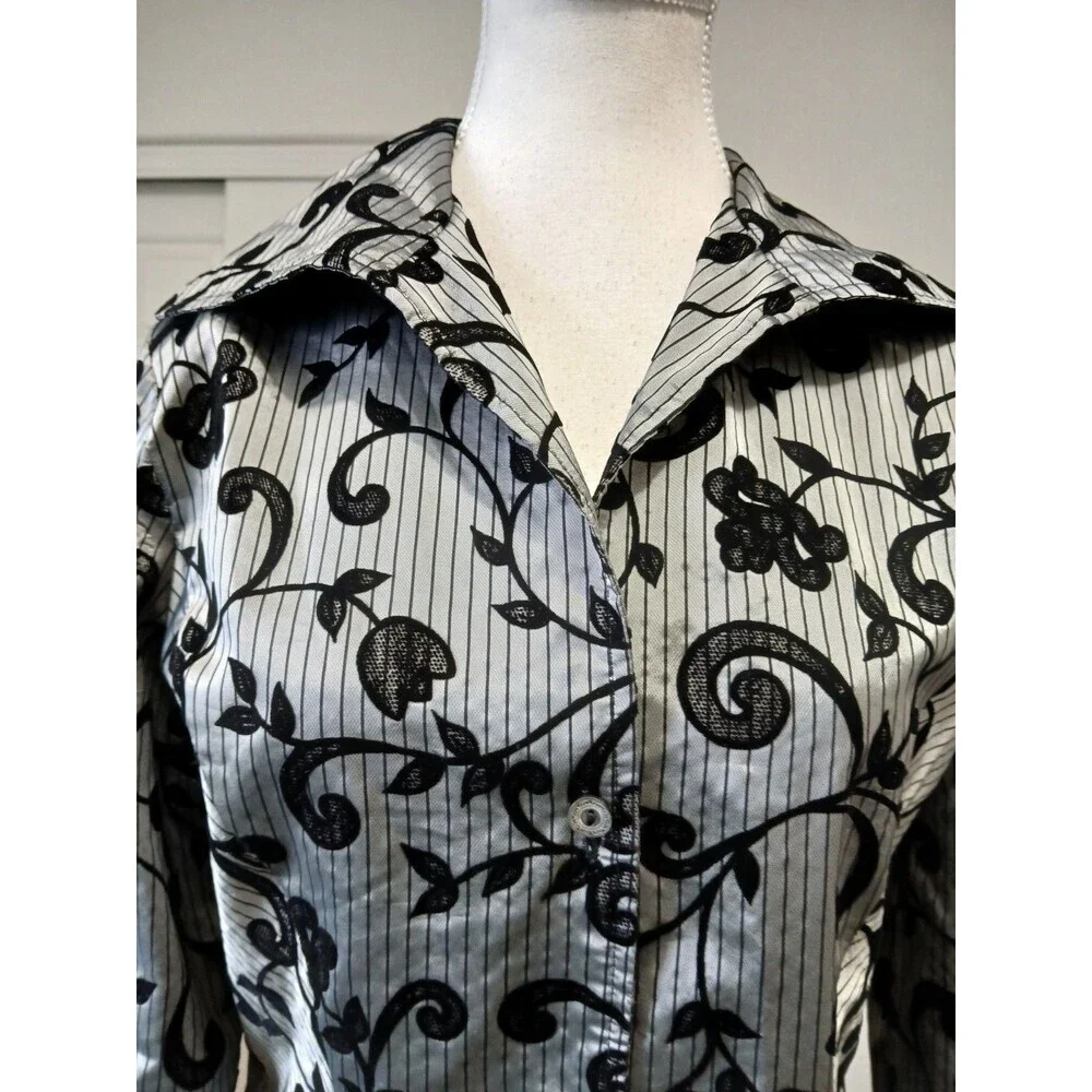 Farina Z Taghavi Blouse Shirt Gray Black Floral 10 Long Sleeve Button Office